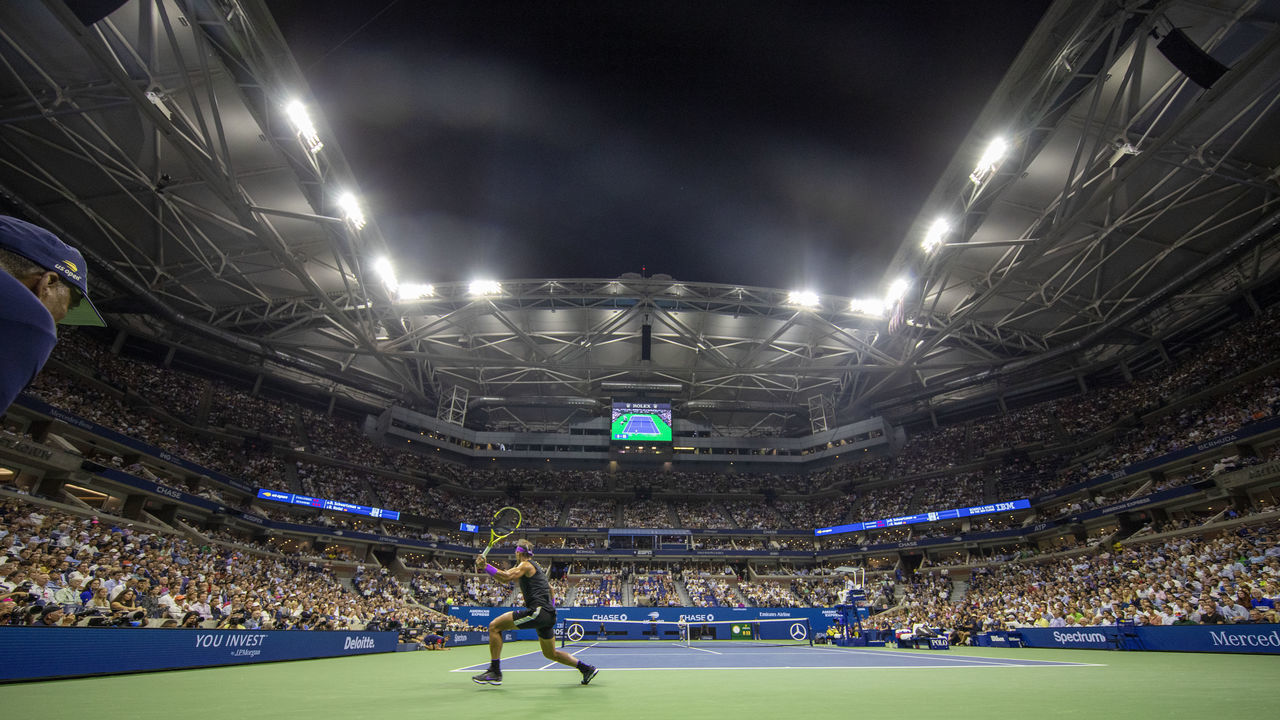 2019 US Open Tennis Tournament- Day Ten. A general panoramic view of Rafael Nadal of Spain in action against Diego Schwartzman of Argentina in the Men's Singles Quarter-Finals match on Arthur Ashe Stadium with the roof open during the 2019 US Open Tennis Tournament at the USTA Billie Jean King National Tennis Center on September 4th, 2019 in Flushing, Queens, New York City.