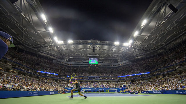 2019 US Open Tennis Tournament- Day Ten. A general panoramic view of Rafael Nadal of Spain in action against Diego Schwartzman of Argentina in the Men's Singles Quarter-Finals match on Arthur Ashe Stadium with the roof open during the 2019 US Open Tennis Tournament at the USTA Billie Jean King National Tennis Center on September 4th, 2019 in Flushing, Queens, New York City.