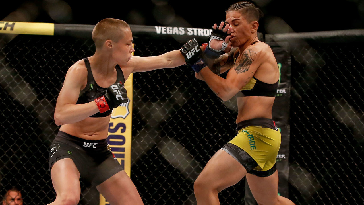 RIO DE JANEIRO, BRAZIL - MAY 11: (L-R) Rose Namajunas of USA punches Jessica Andrade of Brazil in their women's strawweight championship bout during the UFC 237 event at Jeunesse Arena on May 11, 2019 in Rio de Janeiro, Brazil.