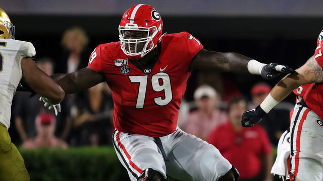 ATHENS, GA - SEPTEMBER 21: Georgia Bulldogs offensive lineman Isaiah Wilson (79) during the game between the Georgia Bulldogs and the Notre Dame Fighting Irish on September 21, 2019 at Sanford Stadium in Athens, Georgia.