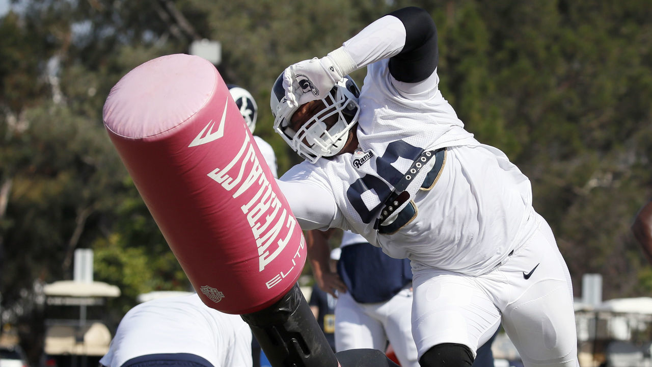 IRVINE, CALIFORNIA - JULY 30: Aaron Donald #99 of the Los Angeles Rams on July 30, 2019 in Irvine, California.