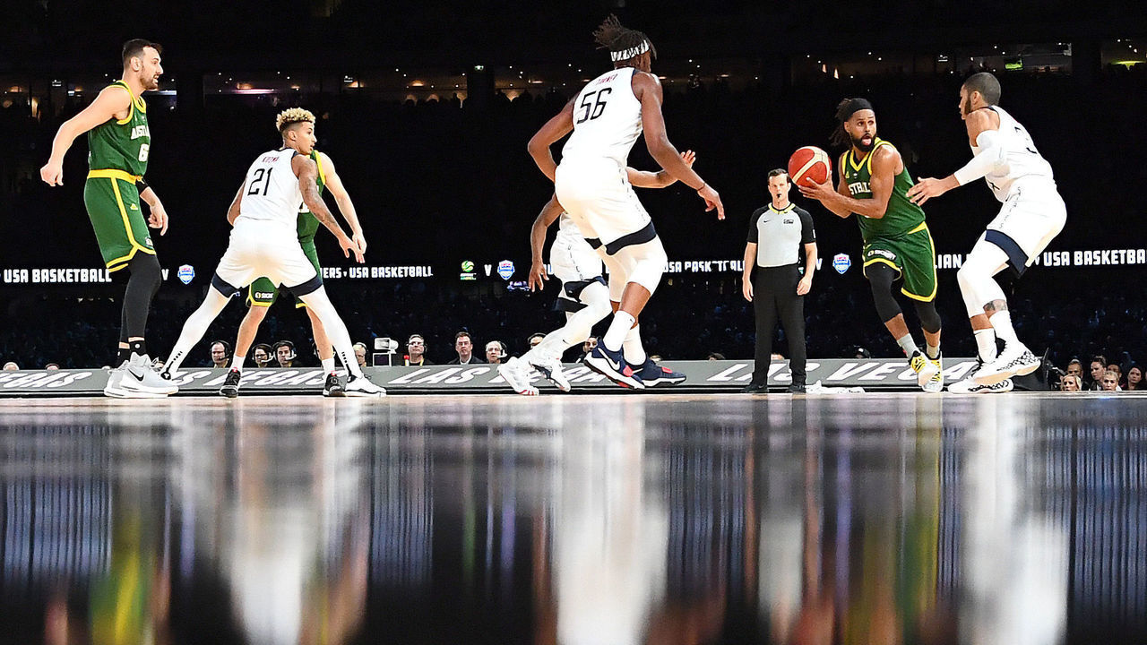 MELBOURNE, AUSTRALIA - AUGUST 22: Patrick Mills of the Boomers drives to the basket during the International Basketball Friendly match between the Australian Boomers and Team USA United States of America at Marvel Stadium on August 22, 2019 in Melbourne, Australia.