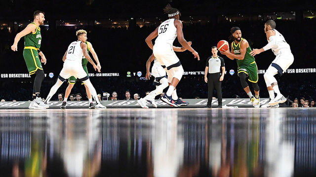 MELBOURNE, AUSTRALIA - AUGUST 22: Patrick Mills of the Boomers drives to the basket during the International Basketball Friendly match between the Australian Boomers and Team USA United States of America at Marvel Stadium on August 22, 2019 in Melbourne, Australia.