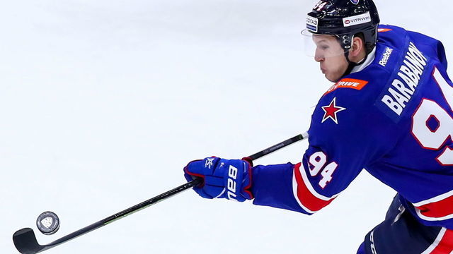 ST PETERSBURG, RUSSIA - JANUARY 22, 2019: SKA St Petersburg's Alexander Barabanov in action in the 2018/19 KHL Regular Season ice hockey match between SKA St Petersburg and Dinamo Minsk at the Ice Palace. Peter Kovalev/TASS