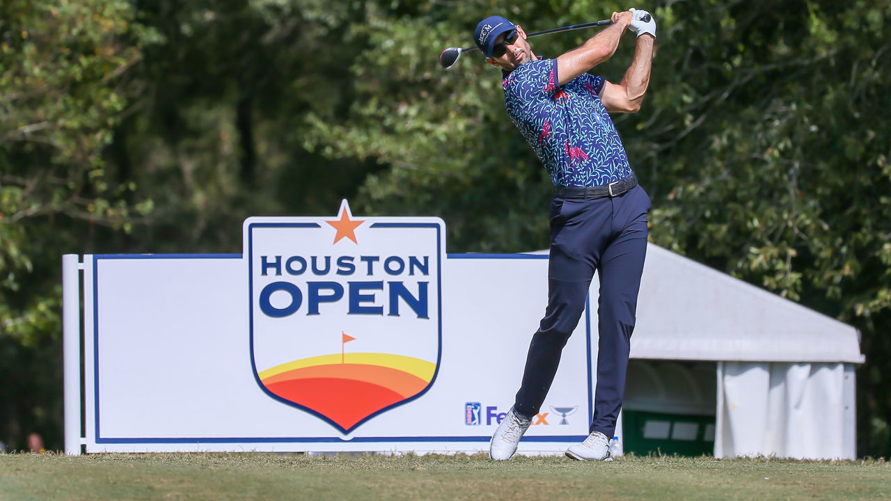 HUMBLE, TX - OCTOBER 13: Cameron Tringale (USA) watches his tee shot on 2 during Round 4 of Houston Open golf tournament on October 13, 2019 at the Golf Club of Houston in Humble, Texas.