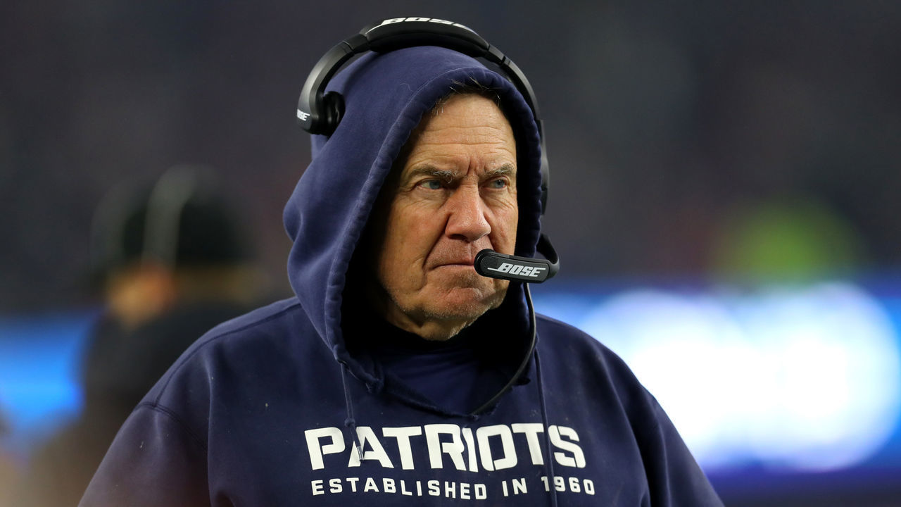 FOXBOROUGH, MASSACHUSETTS - JANUARY 04: Head coach Bill Belichick of the New England Patriots looks on during the AFC Wild Card Playoff game against the Tennessee Titans at Gillette Stadium on January 04, 2020 in Foxborough, Massachusetts.
