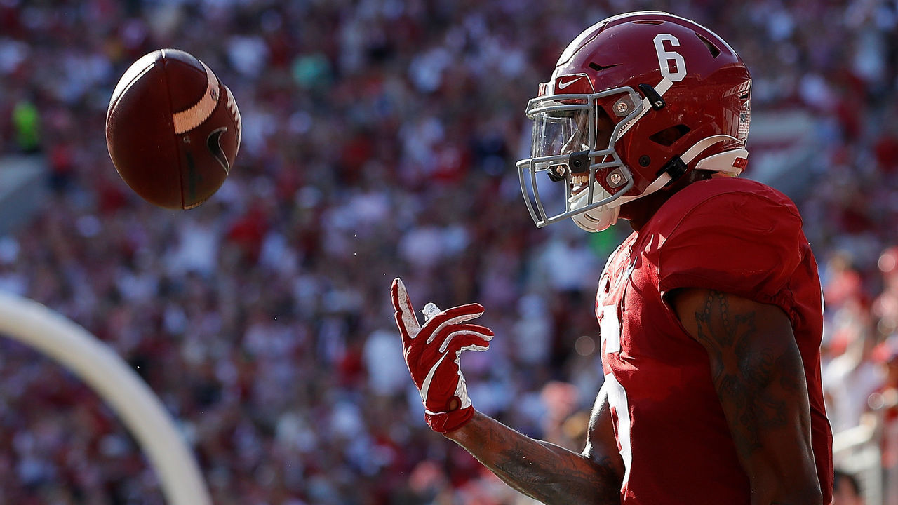 TUSCALOOSA, ALABAMA - SEPTEMBER 28: DeVonta Smith #6 of the Alabama Crimson Tide reacts after scoring a touchdown against the Mississippi Rebels at Bryant-Denny Stadium on September 28, 2019 in Tuscaloosa, Alabama.