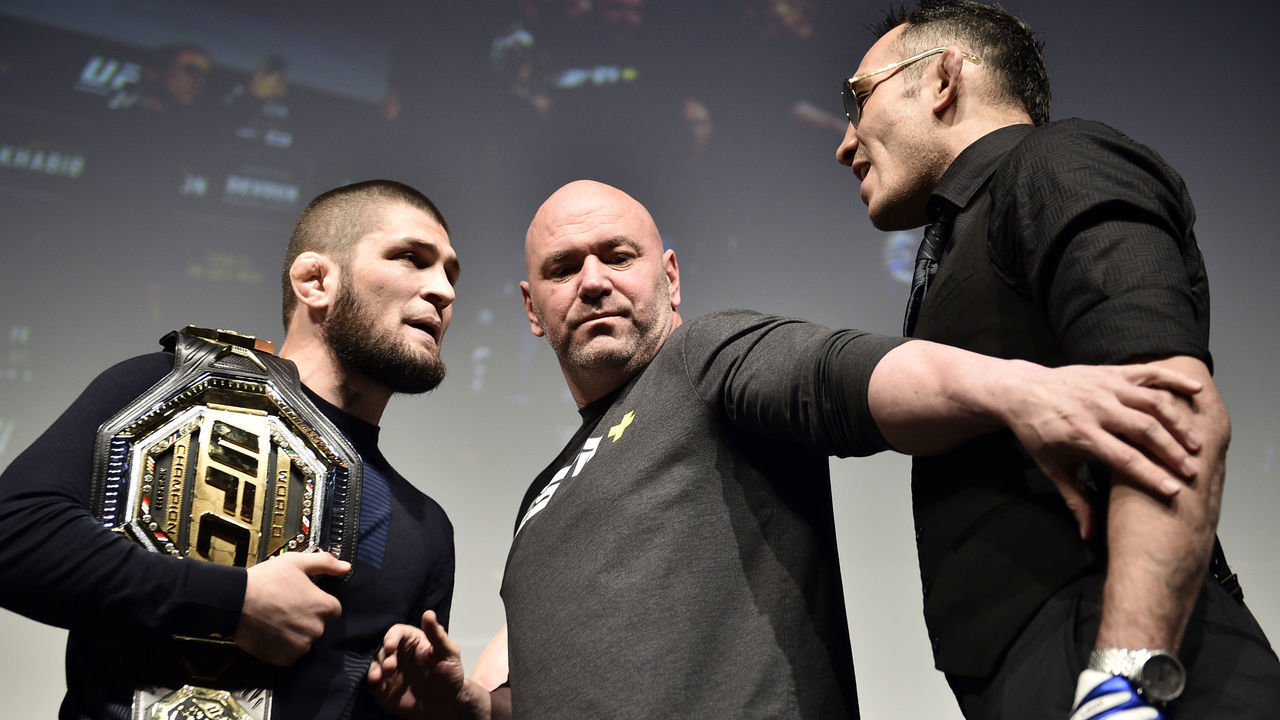 LAS VEGAS, NEVADA - MARCH 06: (L-R) Opponents Khabib Nurmagomedov and Tony Ferguson face off during the UFC 249 press conference at T-Mobile Arena on March 06, 2020 in Las Vegas, Nevada.