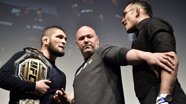LAS VEGAS, NEVADA - MARCH 06: (L-R) Opponents Khabib Nurmagomedov and Tony Ferguson face off during the UFC 249 press conference at T-Mobile Arena on March 06, 2020 in Las Vegas, Nevada.