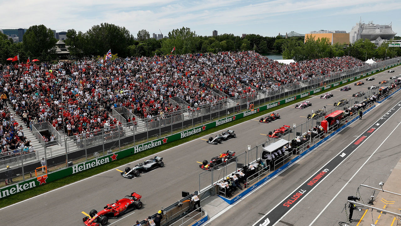 MONTREAL, QC - JUNE 10: Sebastian Vettel of Germany driving the (5) Scuderia Ferrari SF71H leads the field off the start line during the Canadian Formula One Grand Prix at Circuit Gilles Villeneuve on June 10, 2018 in Montreal, Canada.