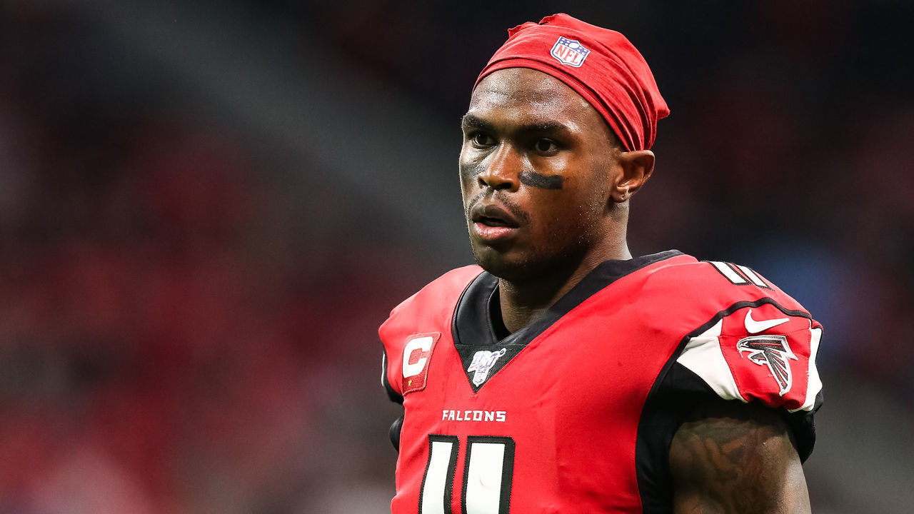 ATLANTA, GA - DECEMBER 22: Julio Jones #11 of the Atlanta Falcons looks on during the first half of a game against the Jacksonville Jaguars at Mercedes-Benz Stadium on December 22, 2019 in Atlanta, Georgia.