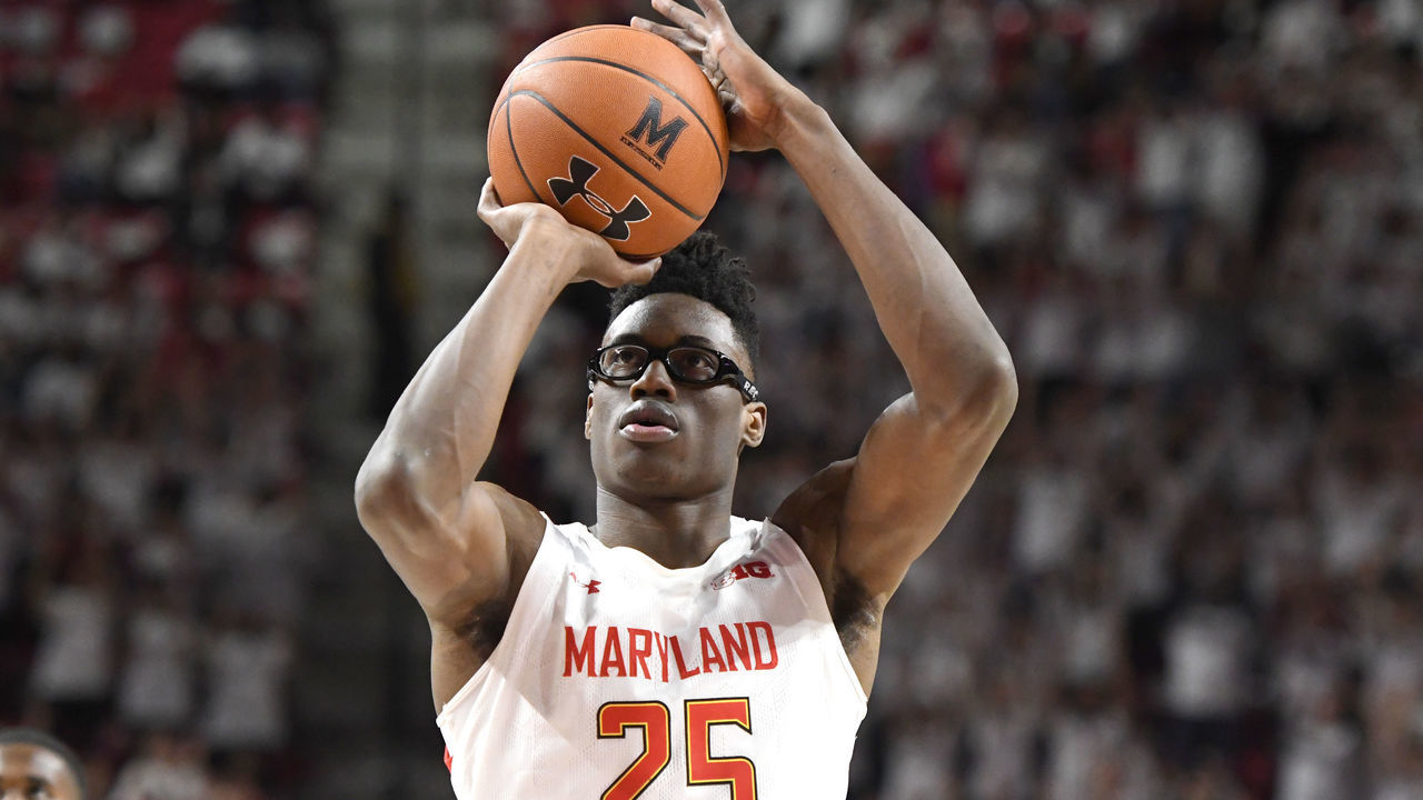 COLLEGE PARK, MD - MARCH 08: Jalen Smith #25 of the Maryland Terrapins takes a foul shot during a college basketball game against the Michigan Wolverines at the Xfinity Center on March 8, 2020 in College Park, Maryland.
