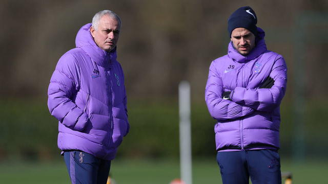 ENFIELD, ENGLAND - MARCH 12: Jose Mourinho, Head Coach of Tottenham Hotspur and assistant manager Joao Sacramento during the Tottenham Hotspur training session at Tottenham Hotspur Training Centre on March 12, 2020 in Enfield, England.