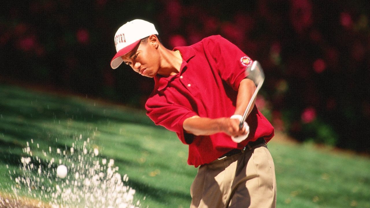 Tiger Woods Hits A Bunker Shot During The 1995 Masters Tournament