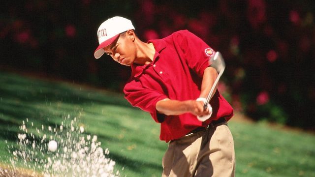 Tiger Woods Hits A Bunker Shot During The 1995 Masters Tournament