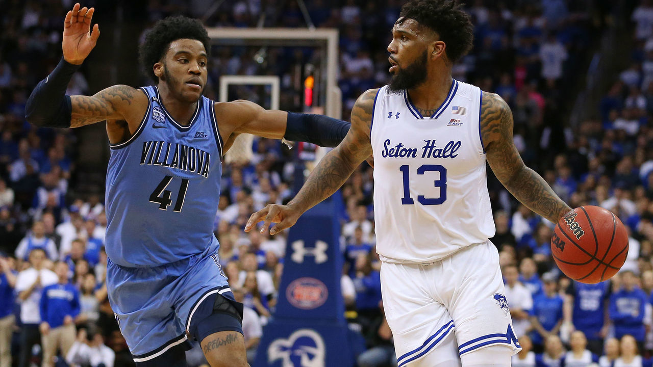NEWARK, NJ - MARCH 04: Myles Powell #13 of the Seton Hall Pirates in action against Saddiq Bey #41 of the Villanova Wildcats during a college basketball game at Prudential Center on March 4, 2020 in Newark, New Jersey. Villanova defeated Seton Hall 79-77.