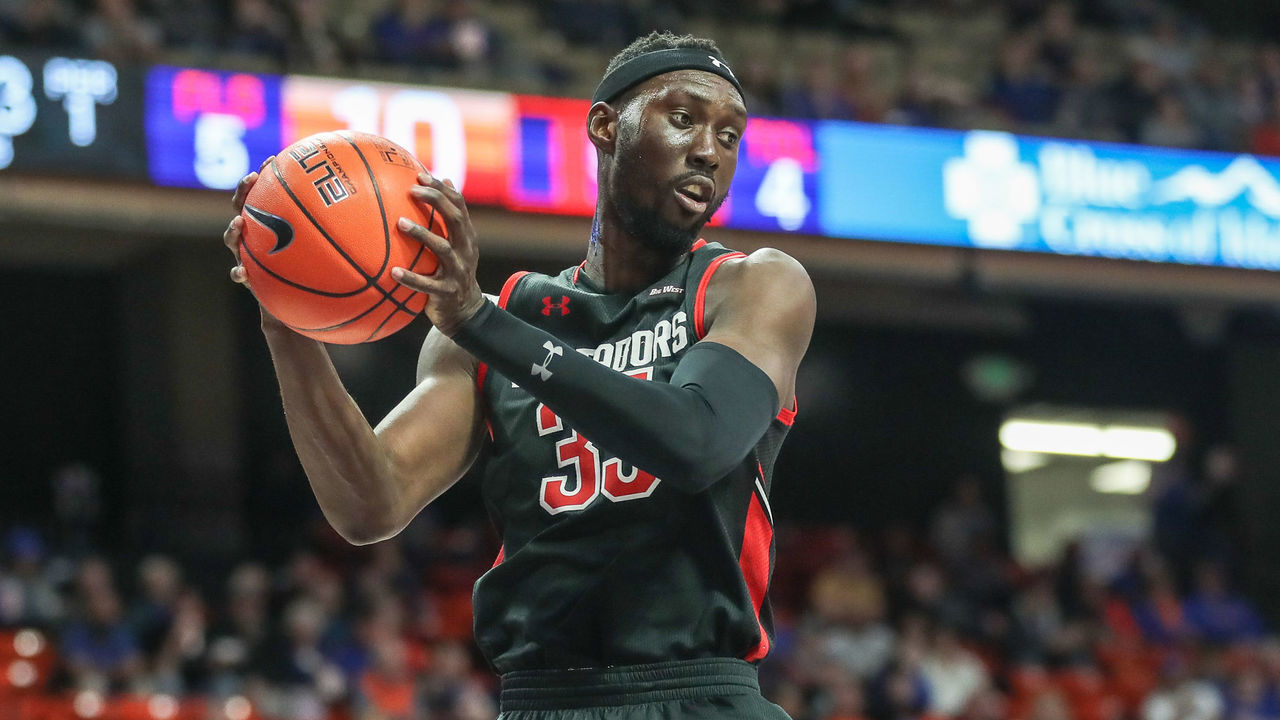 BOISE, ID - DECEMBER 28: Forward Lamine Diane #35 of the CSU Northridge Matadors grabs a rebound during first half action against the Boise State Broncos at ExtraMile Arena on December 28, 2019 in Boise, Idaho.