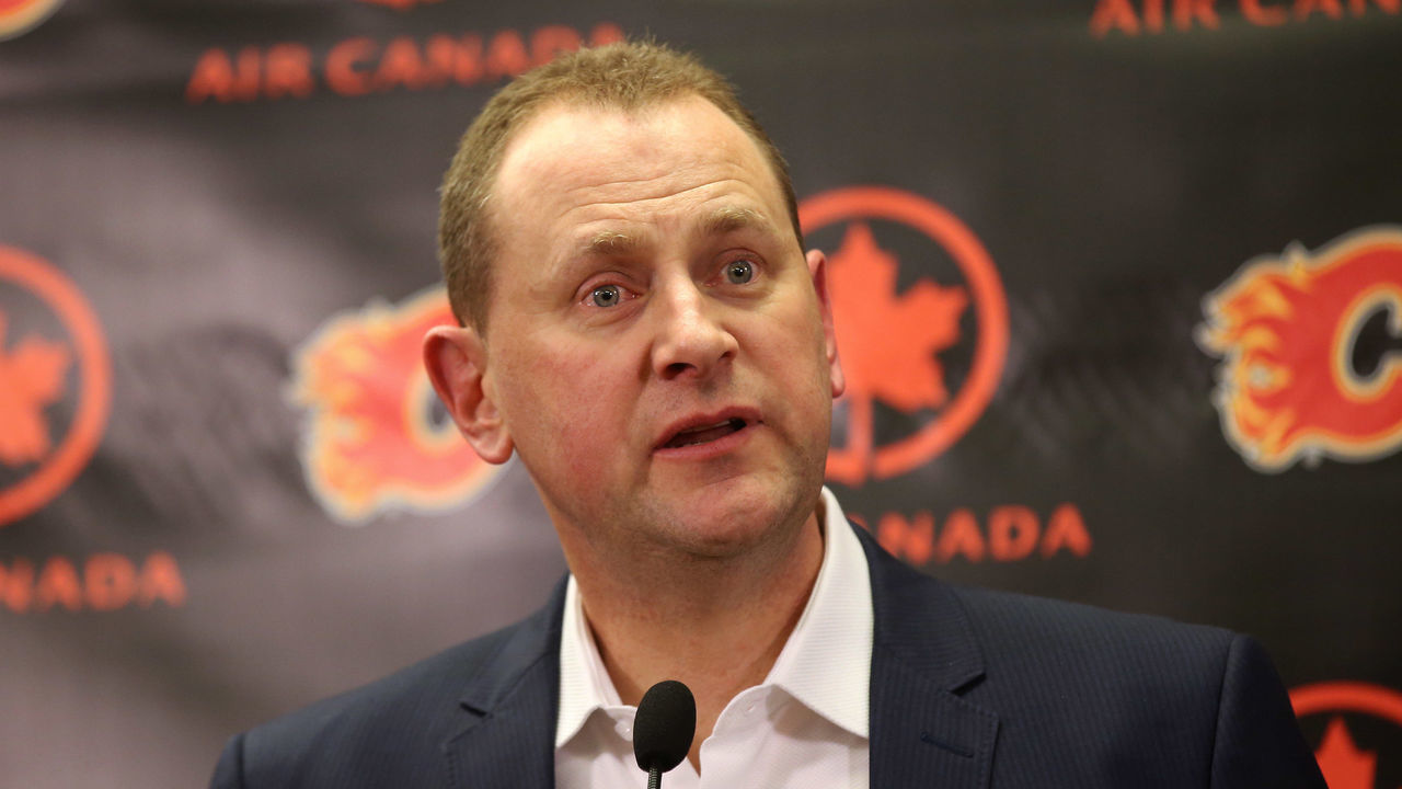 CALGARY, CANADA - FEBRUARY 27: General manager Brad Treliving of the Calgary Flames address the media before the trade deadline prior to the team's NHL game against the Ottawa Senators at the Scotiabank Saddledome on February 27, 2016 in Calgary, Alberta, Canada.