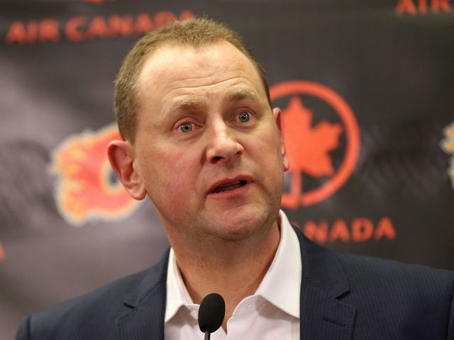 CALGARY, CANADA - FEBRUARY 27: General manager Brad Treliving of the Calgary Flames address the media before the trade deadline prior to the team's NHL game against the Ottawa Senators at the Scotiabank Saddledome on February 27, 2016 in Calgary, Alberta, Canada.