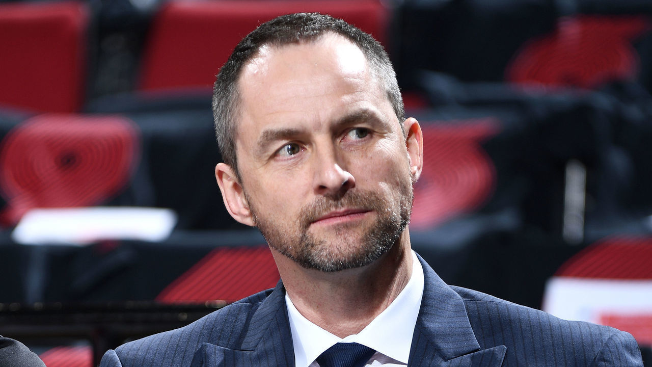 PORTLAND, OR - MAY 3: General Manager Arturas Karnisovas of the Denver Nuggets looks on before Game Three of the Western Conference Semifinals against the Portland Trail Blazers during the 2019 NBA Playoffs on May 3, 2019 at the Moda Center Arena in Portland, Oregon. NOTE TO USER: User expressly acknowledges and agrees that, by downloading and/or using this photograph, user is consenting to the terms and conditions of the Getty Images License Agreement. Mandatory Copyright Notice: Copyright 2019 NBAE