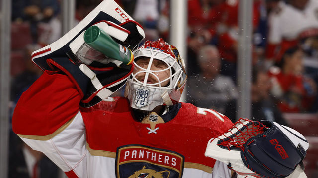 SUNRISE, FL - FEBRUARY 27: Goaltender Sergei Bobrovsky #72 of the Florida Panthers refreshes himself during a break in action against the Toronto Maple Leafs at the BB&T Center on February 27, 2020 in Sunrise, Florida.