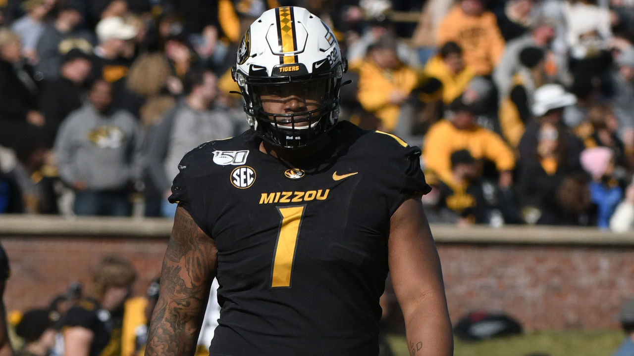 COLUMBIA, MISSOURI - NOVEMBER 16: Defensive lineman Jordan Elliott #1 of the Missouri Tigers in action against the Florida Gators at Faurot Field/Memorial Stadium on November 16, 2019 in Columbia, Missouri.