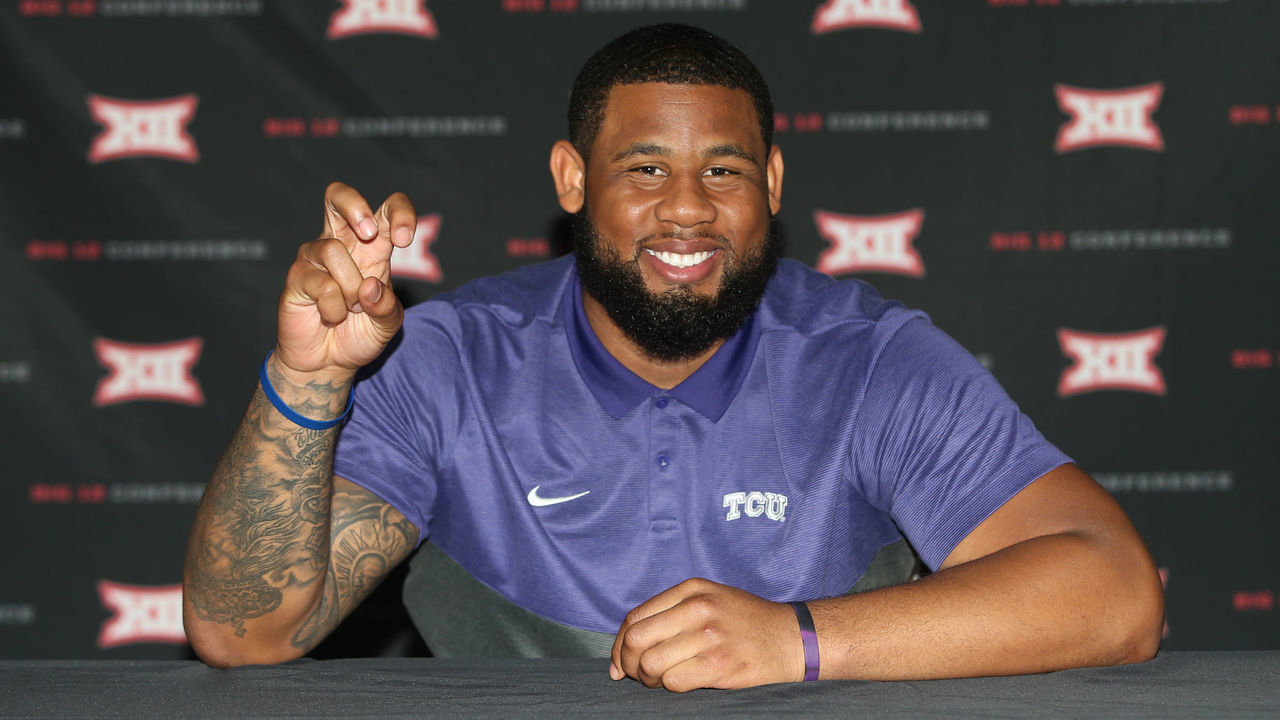 ARLINGTON, TX - JULY 15: TCU defensive tackle Ross Blacklock meets with the press during the Big 12 Media Days on July 15, 2019 at AT&T Stadium in Arlington, TX.