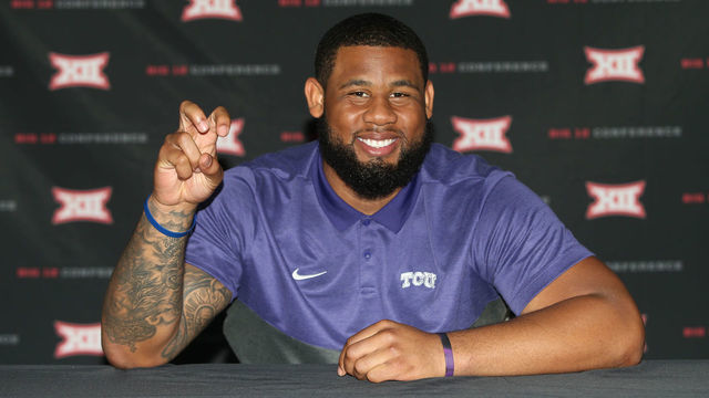 ARLINGTON, TX - JULY 15: TCU defensive tackle Ross Blacklock meets with the press during the Big 12 Media Days on July 15, 2019 at AT&T Stadium in Arlington, TX.