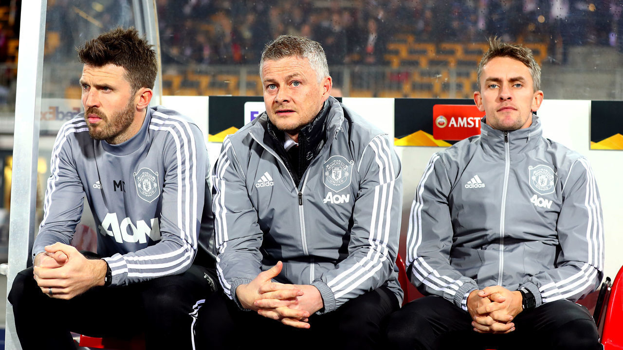 Manchester United manager Ole Gunnar Solskjaer (centre) with both first team coach's Michael Carrick (left) and Kieran McKenna during the UEFA Europa League round of 16 first leg match at Linzer Stadion, Linz.