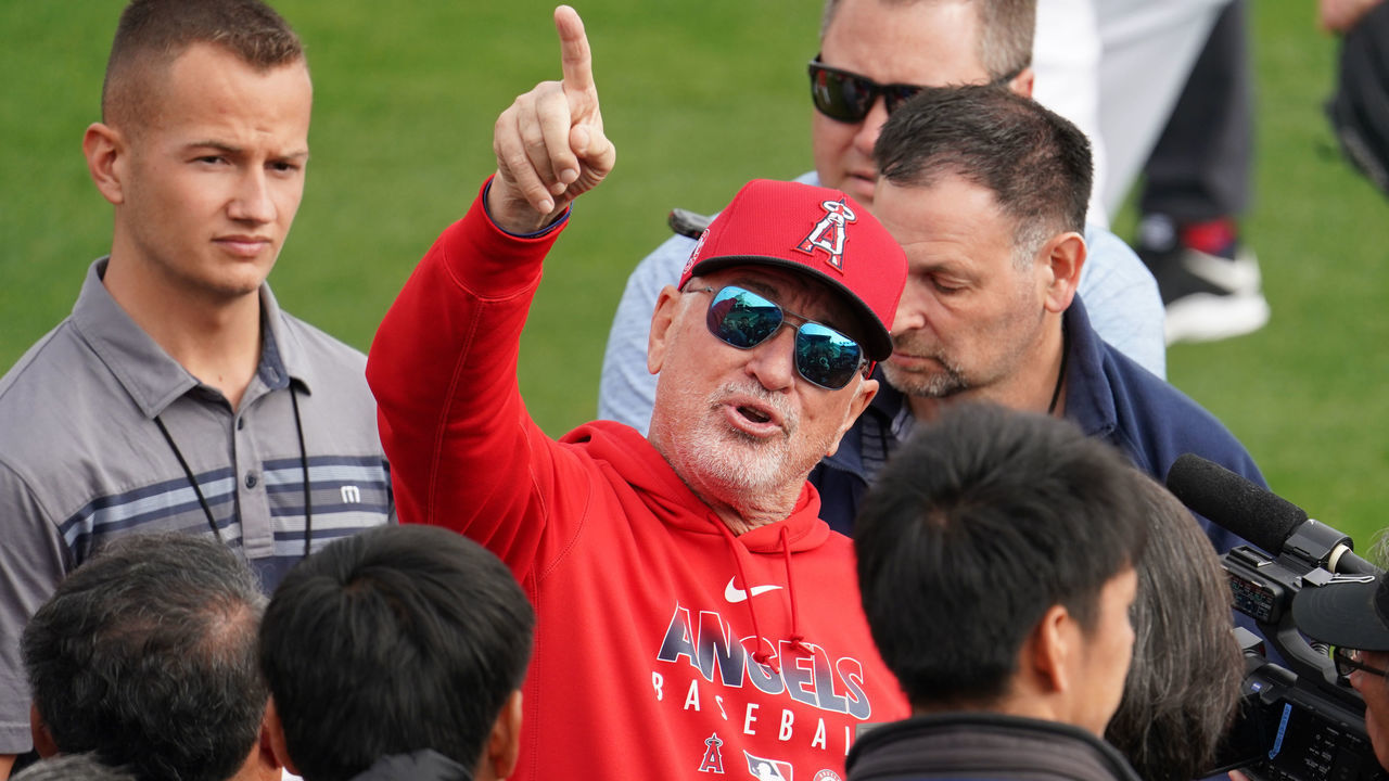 TEMPE, AZ - FEBRUARY 23: Joe Maddon looks on during the Los Angeles Angels spring training on February 23, 2020 in Tempe, Arizona.