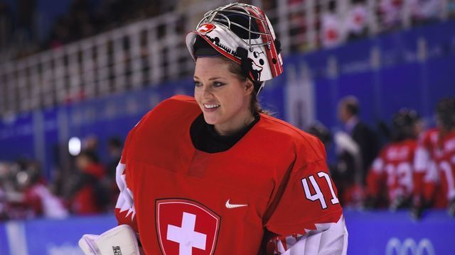 Switzerland's Florence Schelling is seen in the women's play-off classifications (5-6) ice hockey match between Switzerland and Japan during the Pyeongchang 2018 Winter Olympic Games at the Kwandong Hockey Centre in Gangneung on February 20, 2018. / AFP PHOTO / Jung Yeon-je