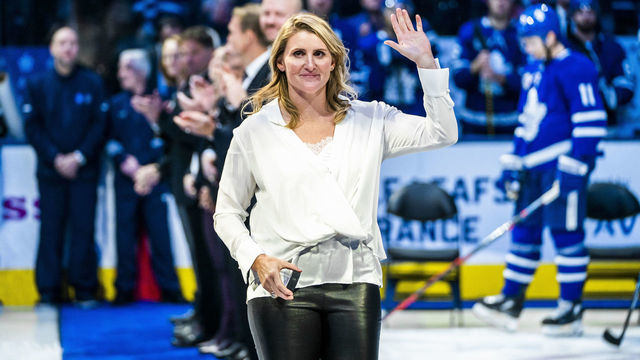 TORONTO, ON - NOVEMBER 15: 2019 Hockey Hall of Fame inductee Hayley Wickenheiser waves to the crowd during a pre-game ceremony at the Scotiabank Arena on November 15, 2019 in Toronto, Ontario, Canada. The Toronto Maple Leafs face the Boston Bruins.