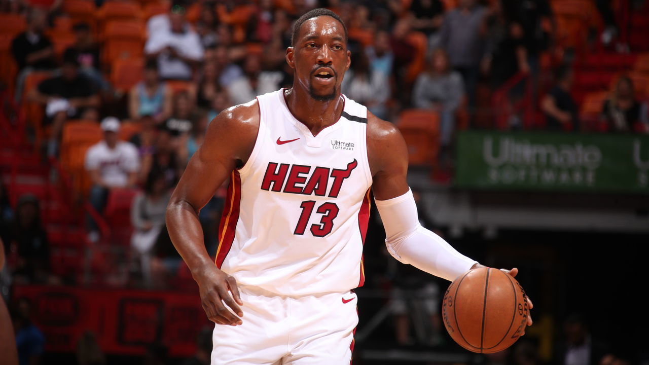 MIAMI, FL - MARCH 11: Bam Adebayo #13 of the Miami Heat handles the ball against the Charlotte Hornets on March 11, 2020 at American Airlines Arena in Miami, Florida. Mandatory Copyright Notice: Copyright 2020 NBAE