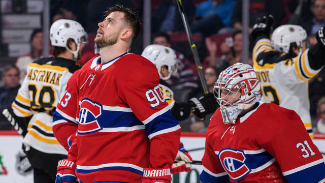 MONTREAL, QC - DECEMBER 17: Montreal Canadiens left wing Tomas Tatar (90) looks up in desperation after Boston Bruins goal during the third period of the NHL game between the Boston Bruins and the Montreal Canadiens on December 17, 2018, at the Bell Centre in Montreal, QC