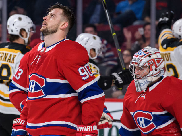 MONTREAL, QC - DECEMBER 17: Montreal Canadiens left wing Tomas Tatar (90) looks up in desperation after Boston Bruins goal during the third period of the NHL game between the Boston Bruins and the Montreal Canadiens on December 17, 2018, at the Bell Centre in Montreal, QC