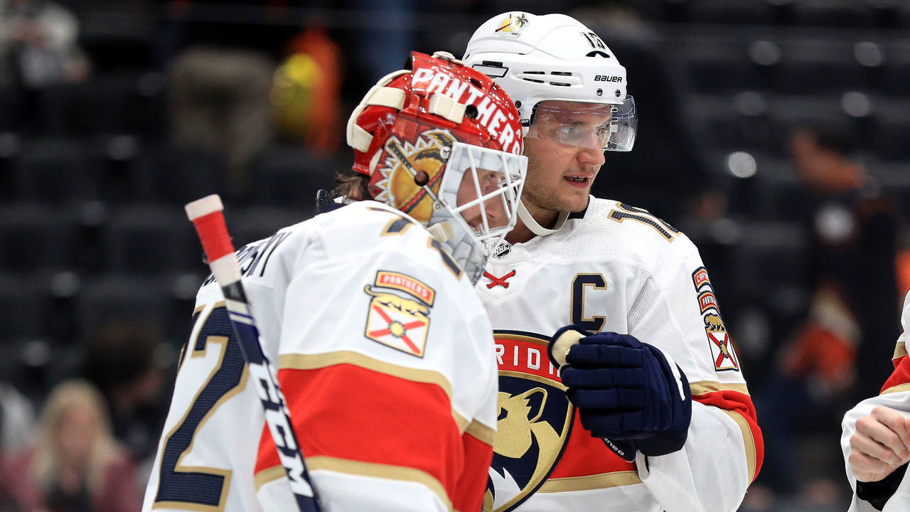 ANAHEIM, CALIFORNIA - FEBRUARY 19: Sergei Bobrovsky #72 and Aleksander Barkov #16 of the Florida Panthers celebrate defeating the Anaheim Ducks 4-1 in a game at Honda Center on February 19, 2020 in Anaheim, California.