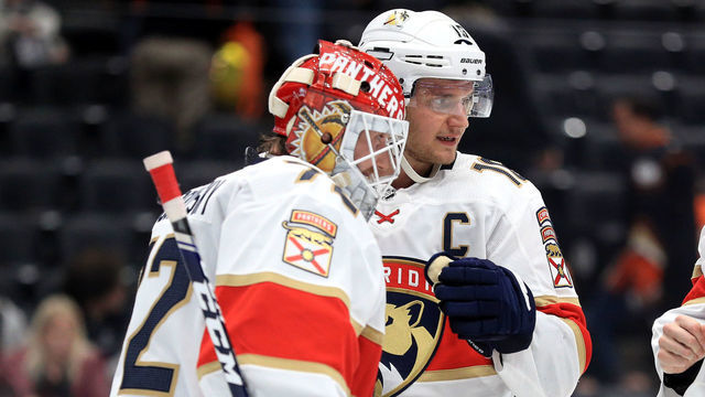ANAHEIM, CALIFORNIA - FEBRUARY 19: Sergei Bobrovsky #72 and Aleksander Barkov #16 of the Florida Panthers celebrate defeating the Anaheim Ducks 4-1 in a game at Honda Center on February 19, 2020 in Anaheim, California.