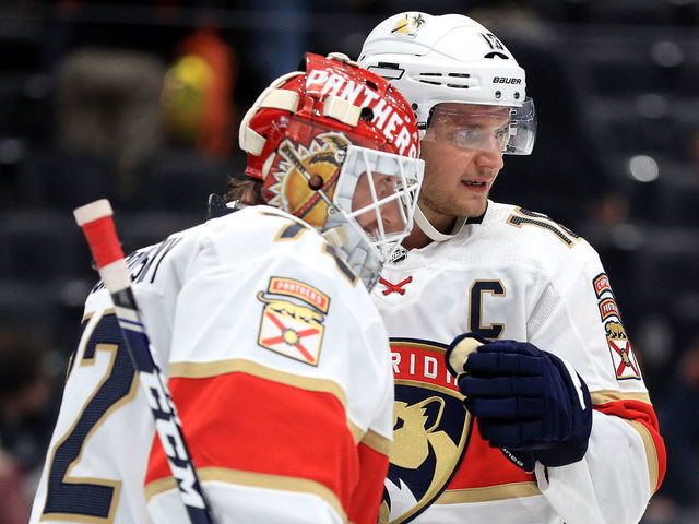 ANAHEIM, CALIFORNIA - FEBRUARY 19: Sergei Bobrovsky #72 and Aleksander Barkov #16 of the Florida Panthers celebrate defeating the Anaheim Ducks 4-1 in a game at Honda Center on February 19, 2020 in Anaheim, California.