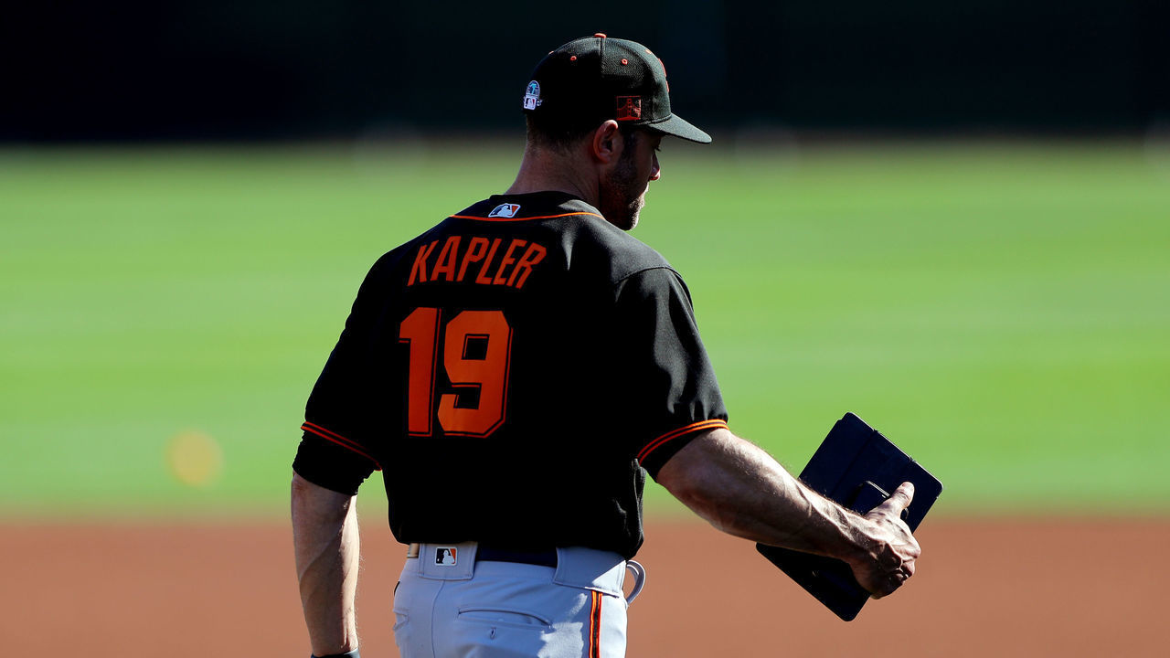 SCOTTSDALE, AZ - FEBRUARY 18: Manager Gabe Kapler #19 of the San Francisco Giants looks on during a workout on Tuesday, February 18, 2020 at Scottsdale Stadium in Scottsdale, Arizona.