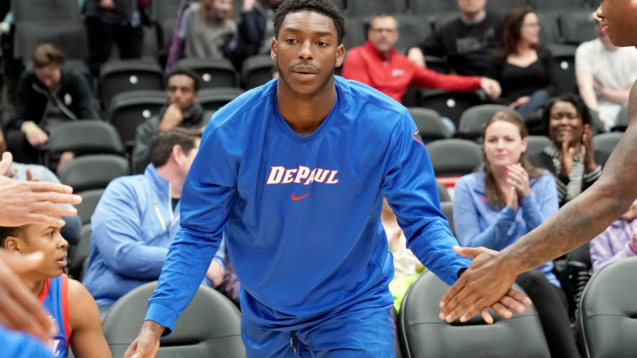 WASHINGTON, DC - FEBRUARY 08: Jalen Coleman-Lands #5 of the DePaul Blue Demons is introduced introduction of a college basketball game against the Georgetown Hoyas at the Capital One Arena on February 8, 2020 in Washington, DC.