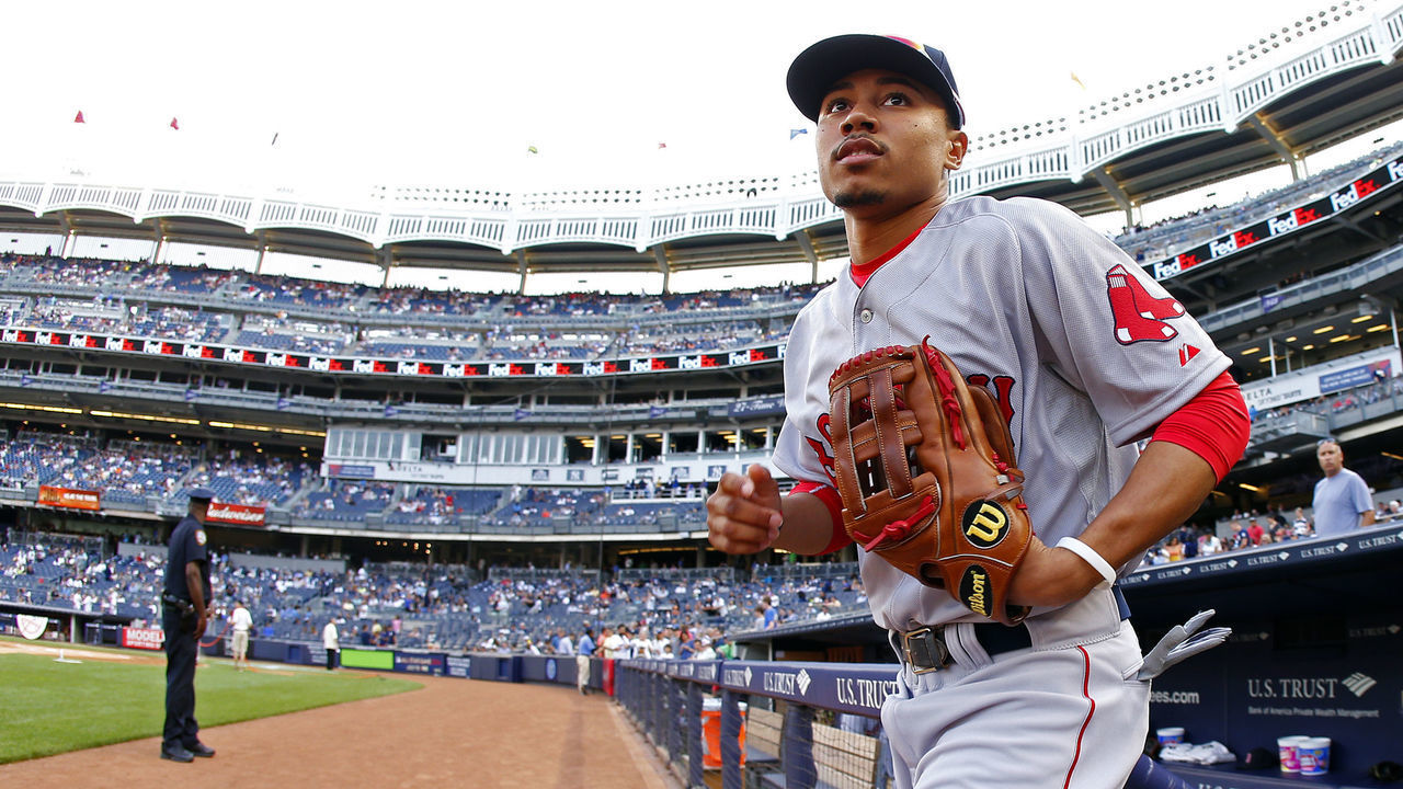 NEW YORK, NY - JUNE 28: Mookie Betts #50 of the Boston Red Sox takes the field before the start of a game against the New York Yankees at Yankee Stadium on June 28, 2014 in the Bronx borough of New York City.