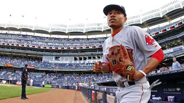 NEW YORK, NY - JUNE 28: Mookie Betts #50 of the Boston Red Sox takes the field before the start of a game against the New York Yankees at Yankee Stadium on June 28, 2014 in the Bronx borough of New York City.
