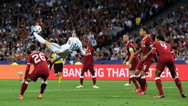 KIEV, UKRAINE - MAY 26: Gareth Bale of Real Madrid CF scores his team's second goal during the UEFA Champions League final between Real Madrid and Liverpool on May 26, 2018 in Kiev, Ukraine.
