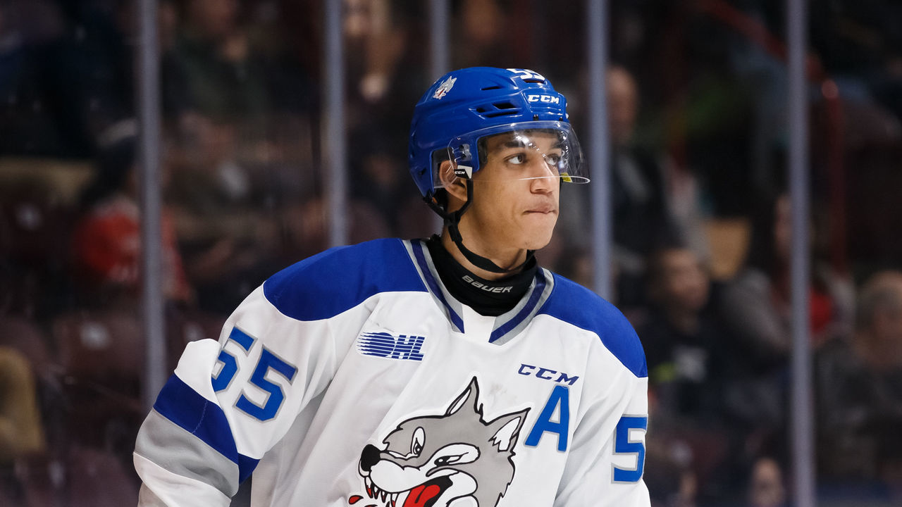 OSHAWA, ON - FEBRUARY 7: Quinton Byfield #55 of the Sudbury Wolves skates during an OHL game against the Oshawa Generals at the Tribute Communities Centre on February 7, 2020 in Oshawa, Ontario, Canada.