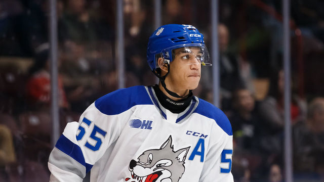 OSHAWA, ON - FEBRUARY 7: Quinton Byfield #55 of the Sudbury Wolves skates during an OHL game against the Oshawa Generals at the Tribute Communities Centre on February 7, 2020 in Oshawa, Ontario, Canada.