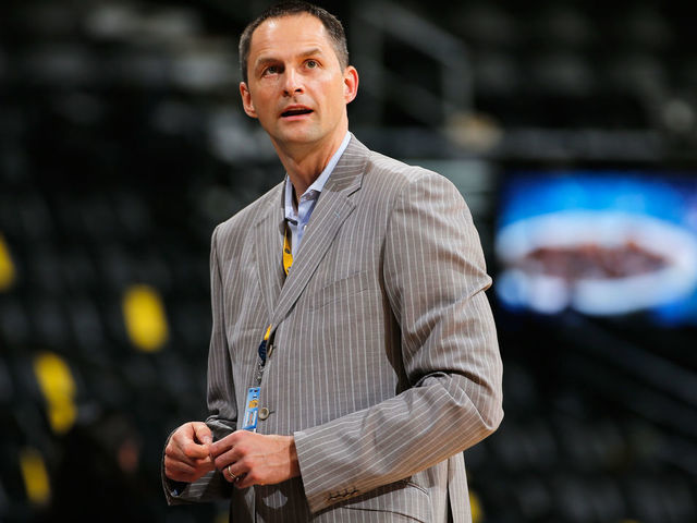 DENVER, CO - NOVEMBER 03: Arturas Karnisovas, assistant general manager of the Denver Nuggets watches as players warm up prior tto the game between the Sacramento Kings and the Denver Nuggets at Pepsi Center on November 3, 2014 in Denver, Colorado. The Kings defeated the Nuggets 110-105.