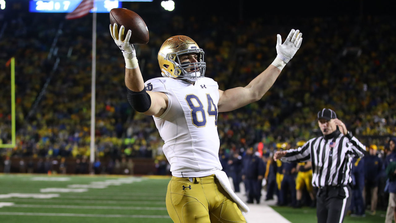 ANN ARBOR, MICHIGAN - OCTOBER 26: Cole Kmet #84 of the Notre Dame Fighting Irish celebrates his second half touchdown against the Michigan Wolverines at Michigan Stadium on October 26, 2019 in Ann Arbor, Michigan. Michigan won the game 45-14.