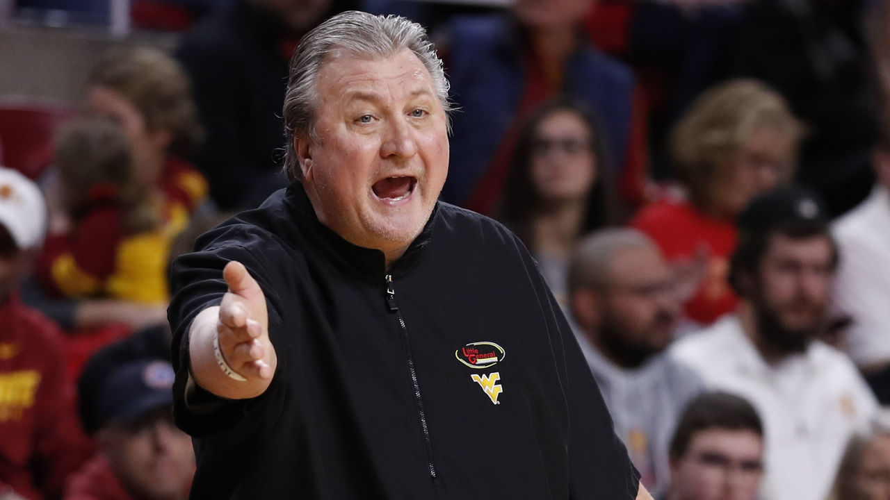 AMES, IA - MARCH 03: Head coach Bob Huggins of the West Virginia Mountaineers coaches from the bench in the first half of the play at Hilton Coliseum on March 3, 2020 in Ames, Iowa. The West Virginia Mountaineers won 77-71 over the Iowa State Cyclones.