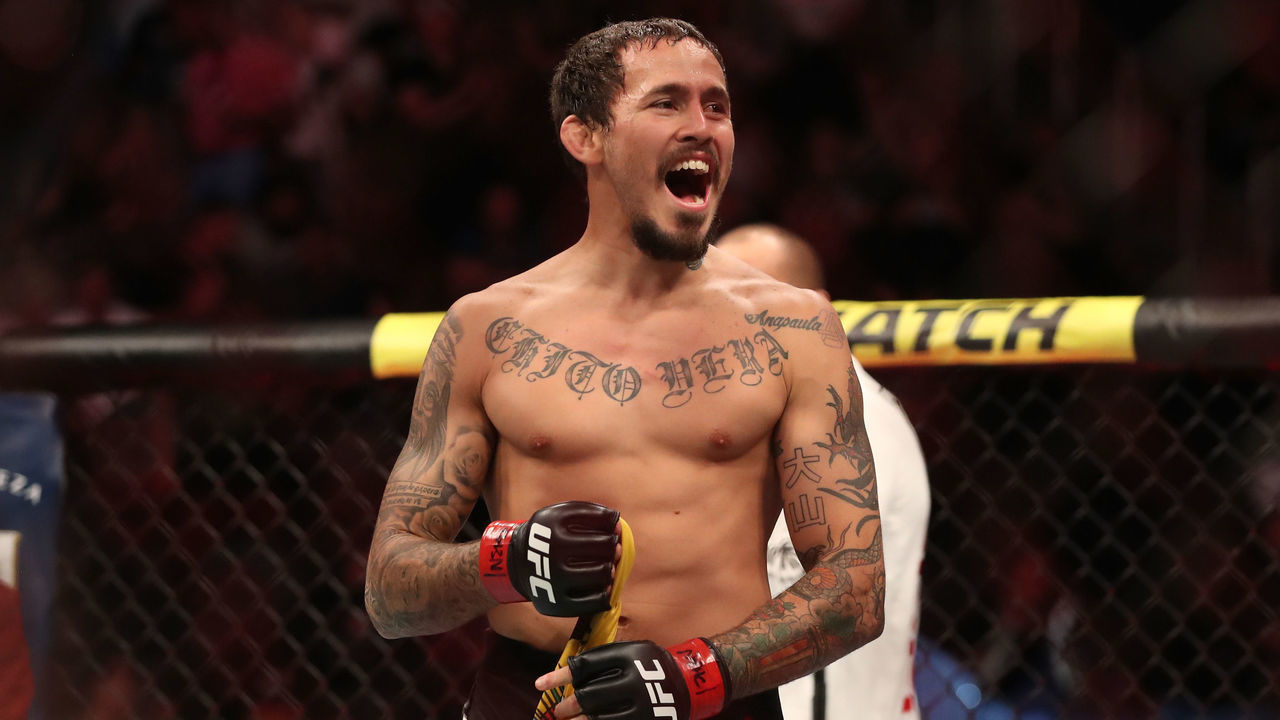 LAS VEGAS, NV - JULY 06: Marlon Vera of Ecuador celebrates his win over Nohelin Hernandez in their bantamweight fight during the UFC 239 event at T-Mobile Arena on July 6, 2019 in Las Vegas, Nevada.