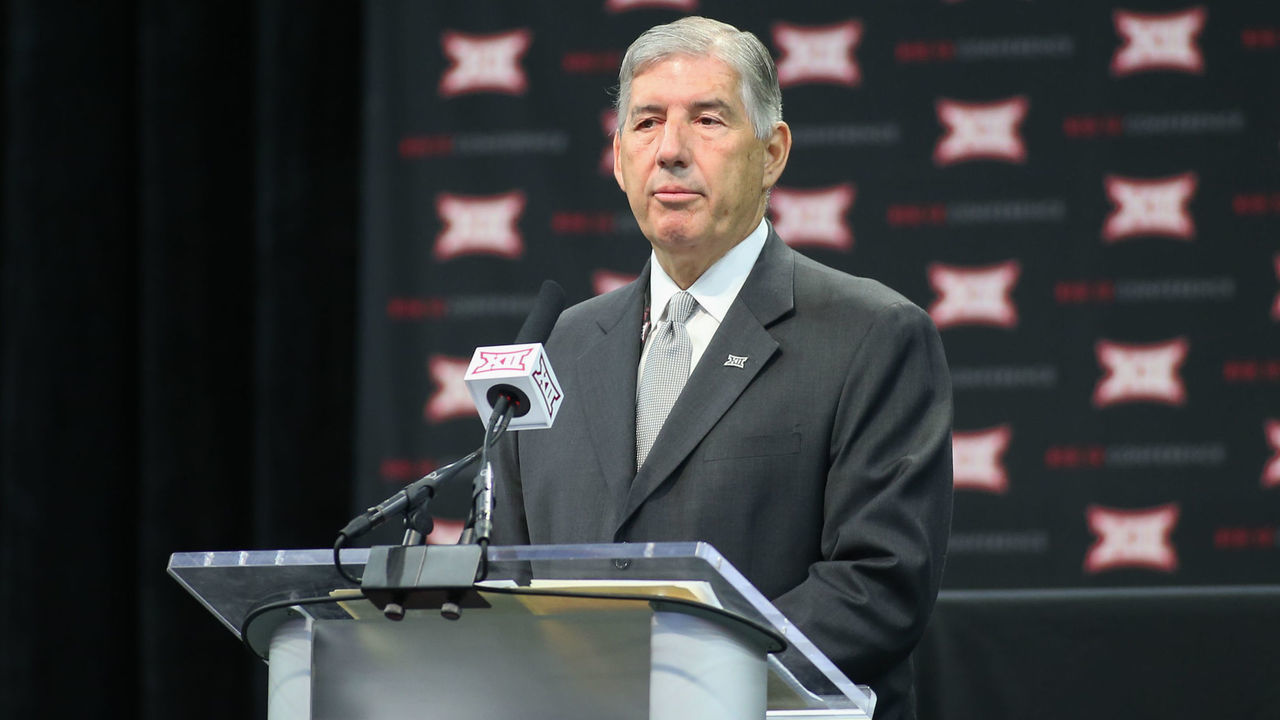 FRISCO, TX - JULY 16: Big 12 Commissioner Bob Bowlsby speaks at the Big 12 Conference Football Media Days on July 16, 2018 at the Ford Center at The Star in Frisco, TX.